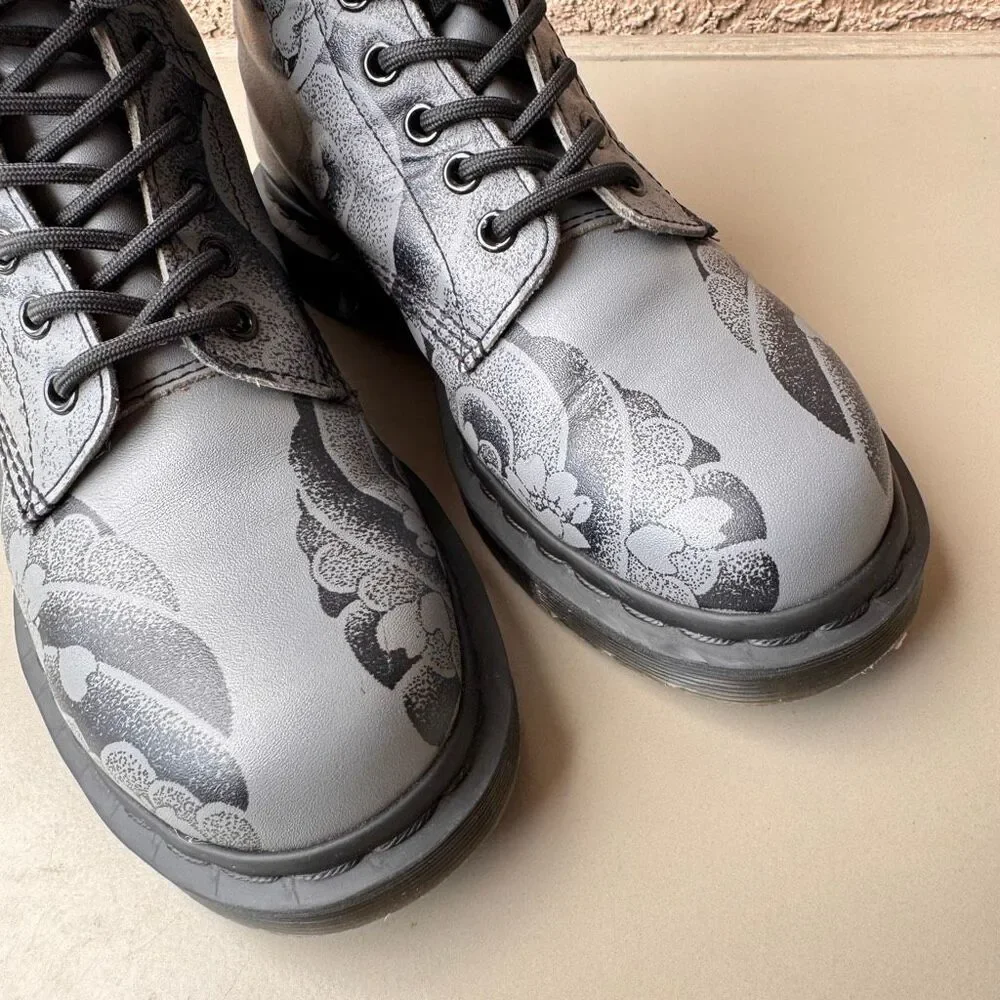Dr Martens 1460 OT Tattoo Boots Gunmetal Gray Japanese Dragon Womens 8 Lace Up